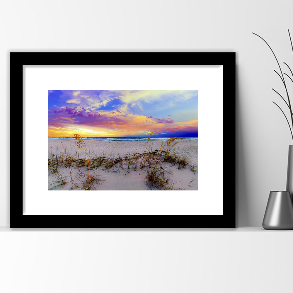 Purple Pink And Blue Sunrise Over Beach Sea Oats Wall Art, Framed Art Print White Border