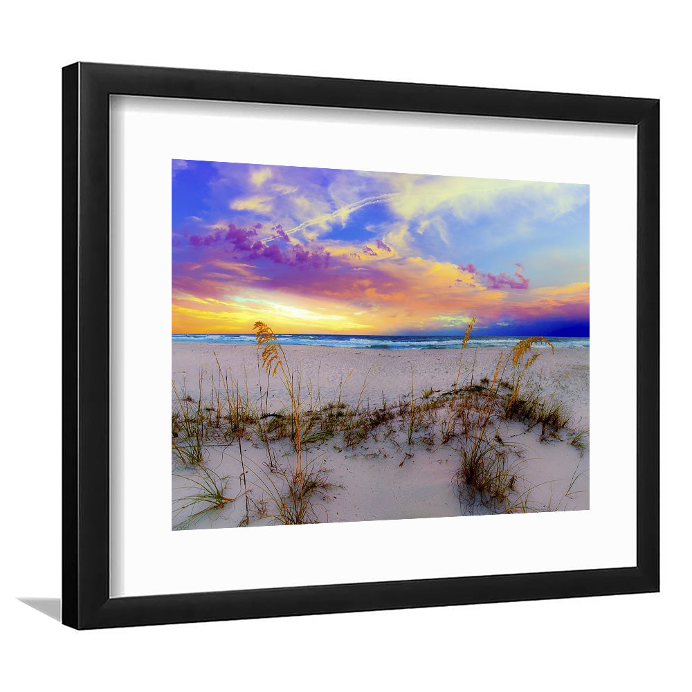 Purple Pink And Blue Sunrise Over Beach Sea Oats Wall Art, Framed Art Print White Border