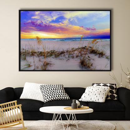 Purple Pink And Blue Sunrise Over Beach Sea Oats Wall Art, Framed Cavas Print, Floating Frame