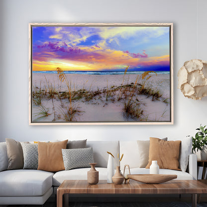 Purple Pink And Blue Sunrise Over Beach Sea Oats Wall Art, Framed Cavas Print, Floating Frame