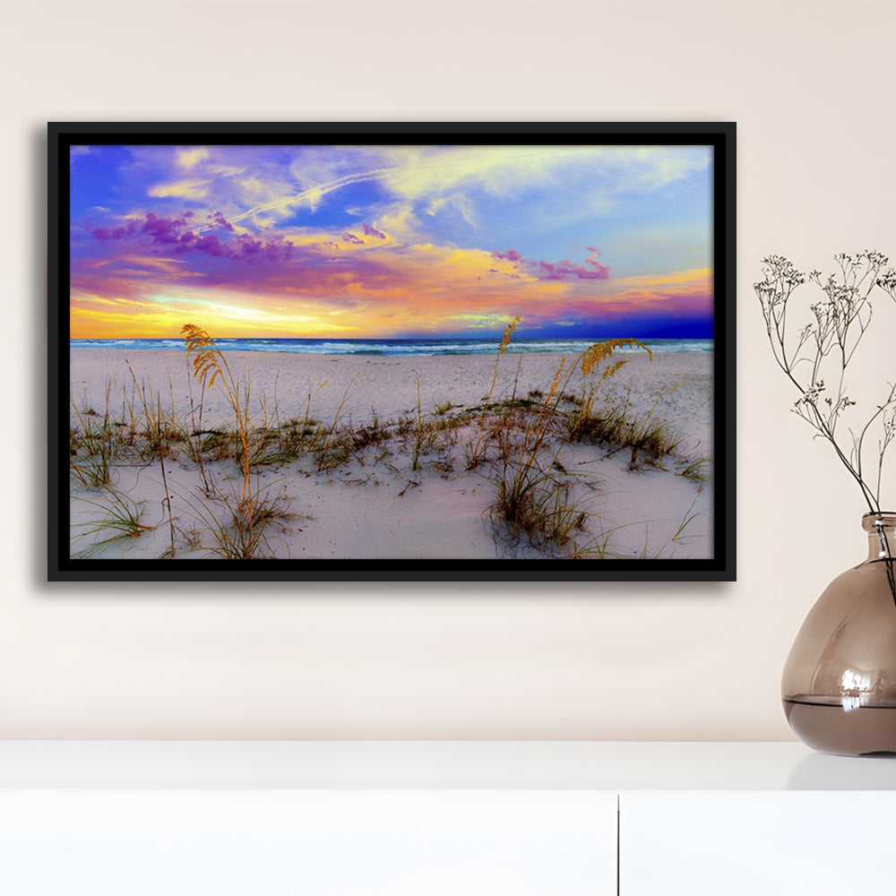 Purple Pink And Blue Sunrise Over Beach Sea Oats Wall Art, Framed Cavas Print, Floating Frame