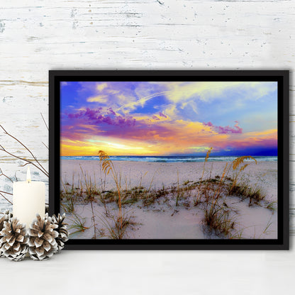 Purple Pink And Blue Sunrise Over Beach Sea Oats Wall Art, Framed Cavas Print, Floating Frame