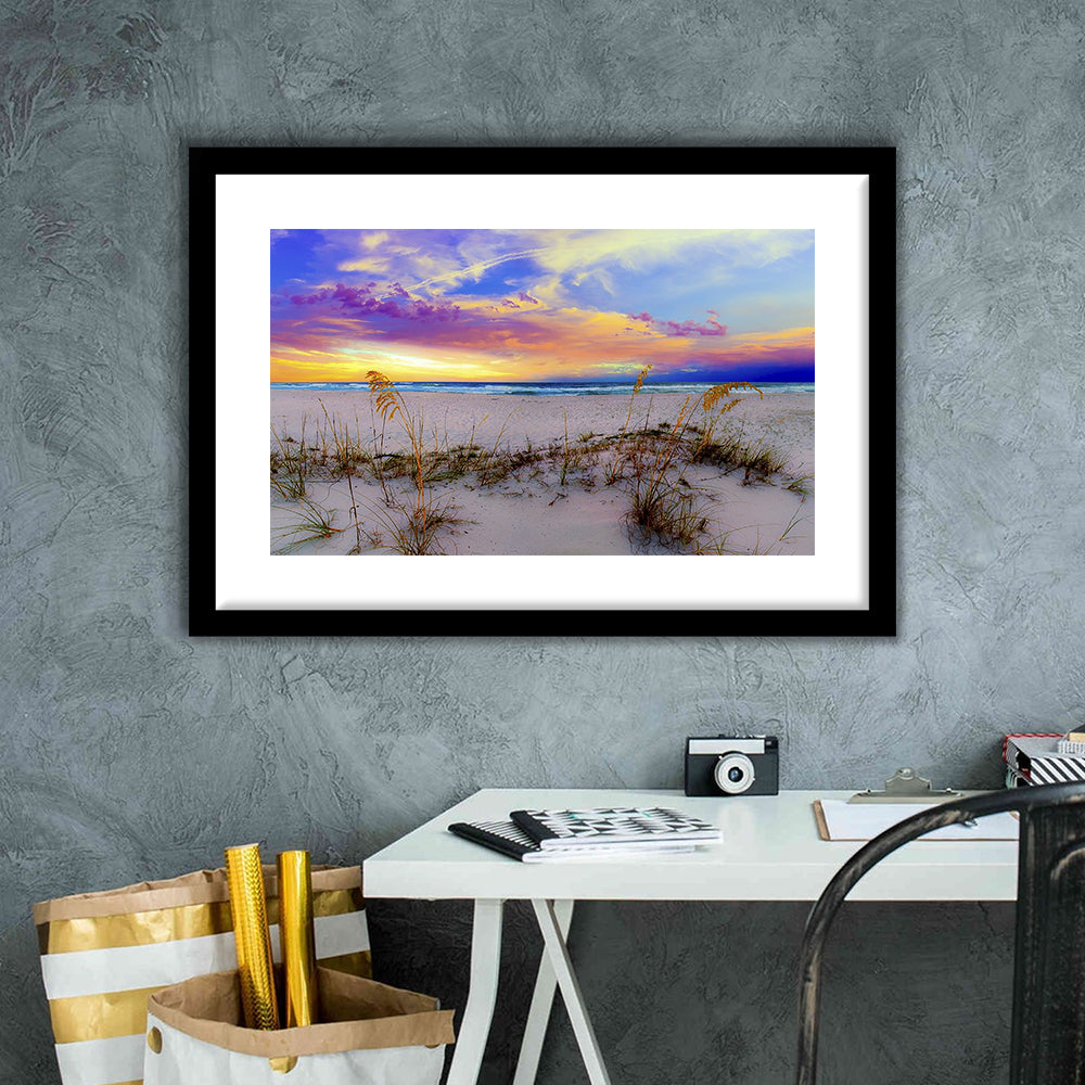 Purple Pink And Blue Sunrise Over Beach Sea Oats Wall Art, Framed Art Print White Border