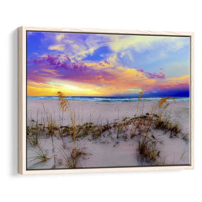 Purple Pink And Blue Sunrise Over Beach Sea Oats Wall Art, Framed Cavas Print, Floating Frame