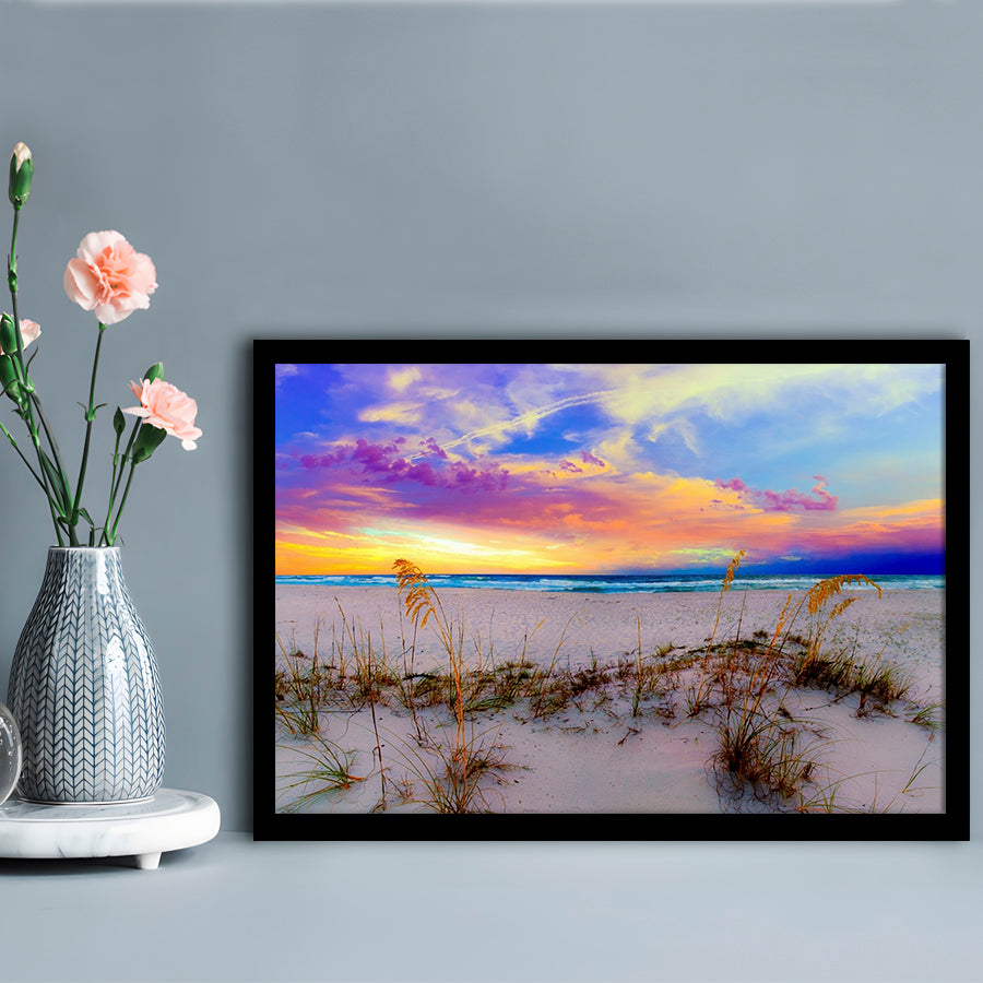 Purple Pink And Blue Sunrise Over Beach Sea Oats Wall Art, Framed Art Print, Picture Framed