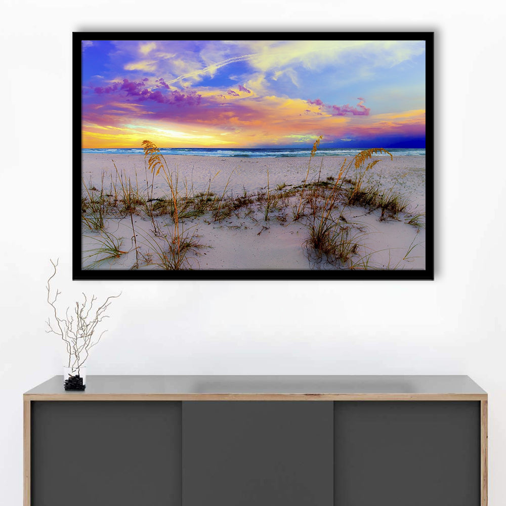 Purple Pink And Blue Sunrise Over Beach Sea Oats Wall Art, Framed Art Print, Picture Framed