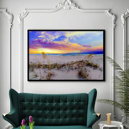 Purple Pink And Blue Sunrise Over Beach Sea Oats Wall Art, Framed Art Print, Picture Framed
