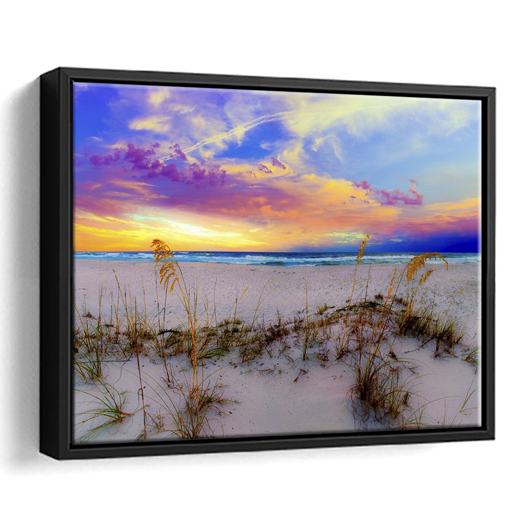 Purple Pink And Blue Sunrise Over Beach Sea Oats Wall Art, Framed Cavas Print, Floating Frame
