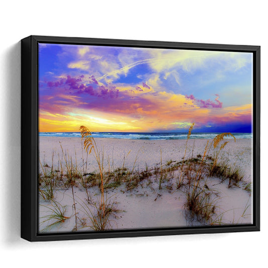 Purple Pink And Blue Sunrise Over Beach Sea Oats Wall Art, Framed Cavas Print, Floating Frame
