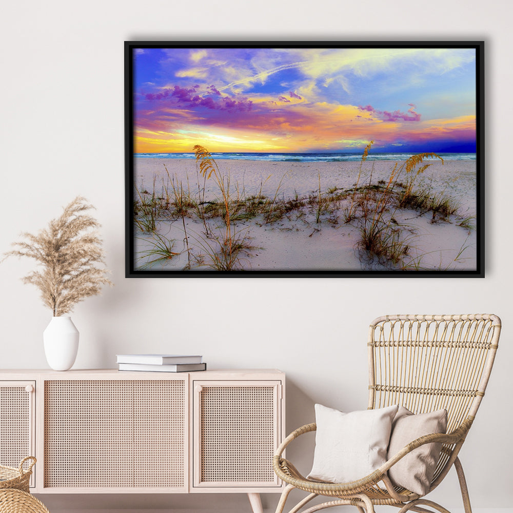 Purple Pink And Blue Sunrise Over Beach Sea Oats Wall Art, Framed Cavas Print, Floating Frame