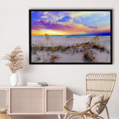 Purple Pink And Blue Sunrise Over Beach Sea Oats Wall Art, Framed Cavas Print, Floating Frame