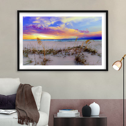 Purple Pink And Blue Sunrise Over Beach Sea Oats Wall Art, Framed Art Print White Border