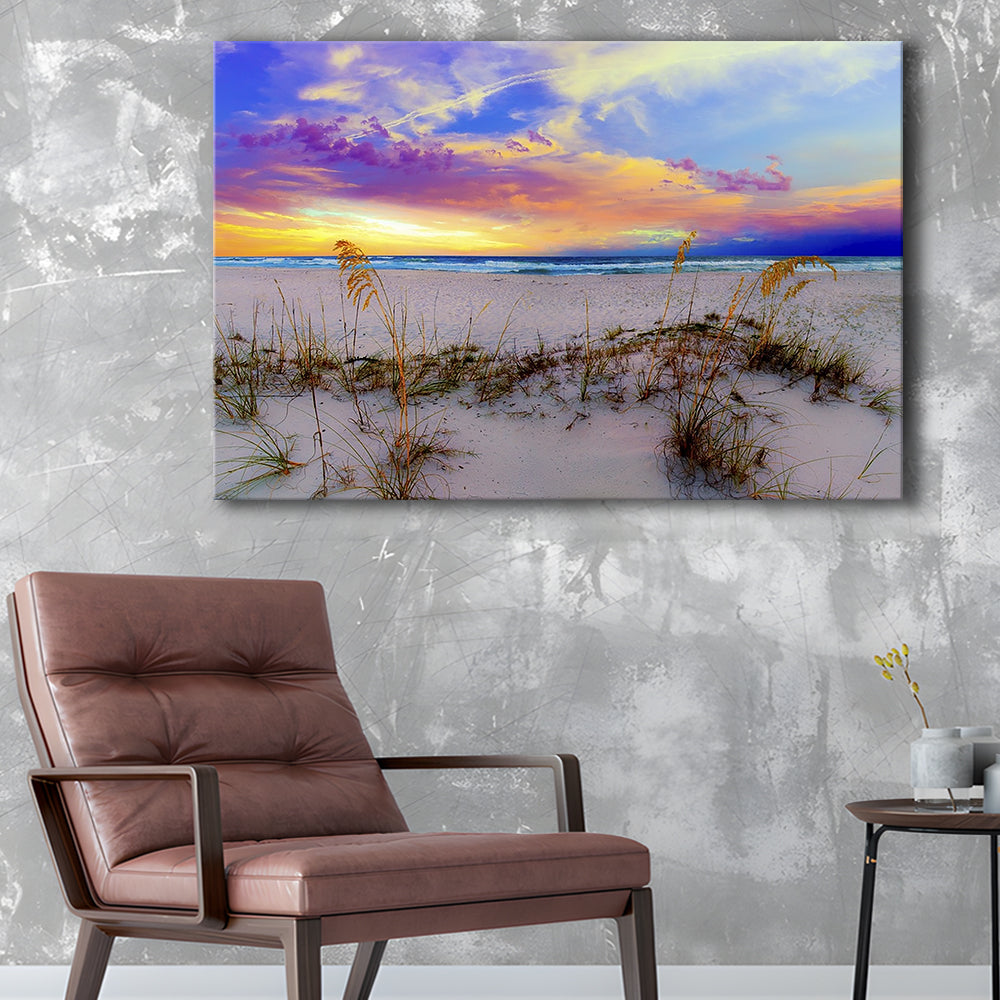 Purple Pink And Blue Sunrise Over Beach Sea Oats Wall Art, Cavas Print Wall Art Hom Decor
