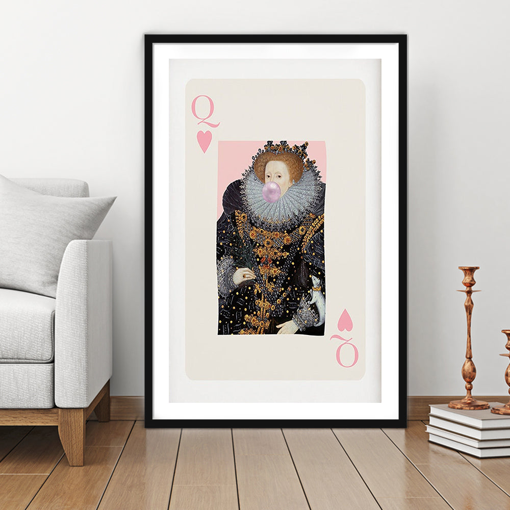 Queen Bubble Gum Wall Art Print, Queen Of Hearts, Pink Wall Art, Framed Art Prints White Border Wall Decor