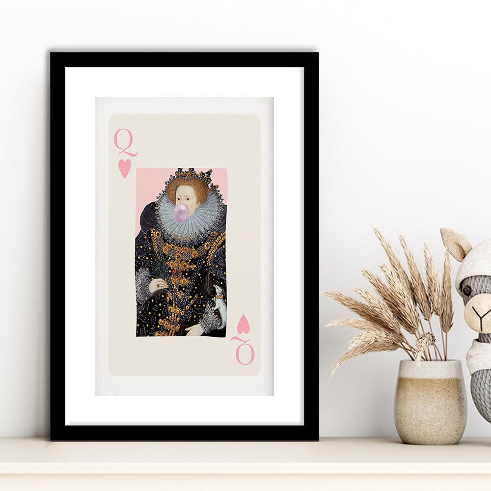 Queen Bubble Gum Wall Art Print, Queen Of Hearts, Pink Wall Art, Framed Art Prints White Border Wall Decor