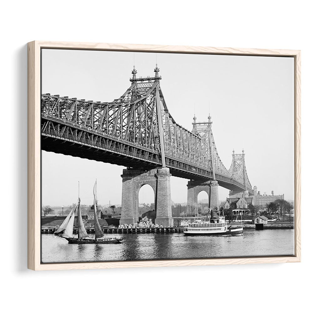 Queensboro Bridge New York City Architecture Print Black and White Art, Floating Framed Canvas Print