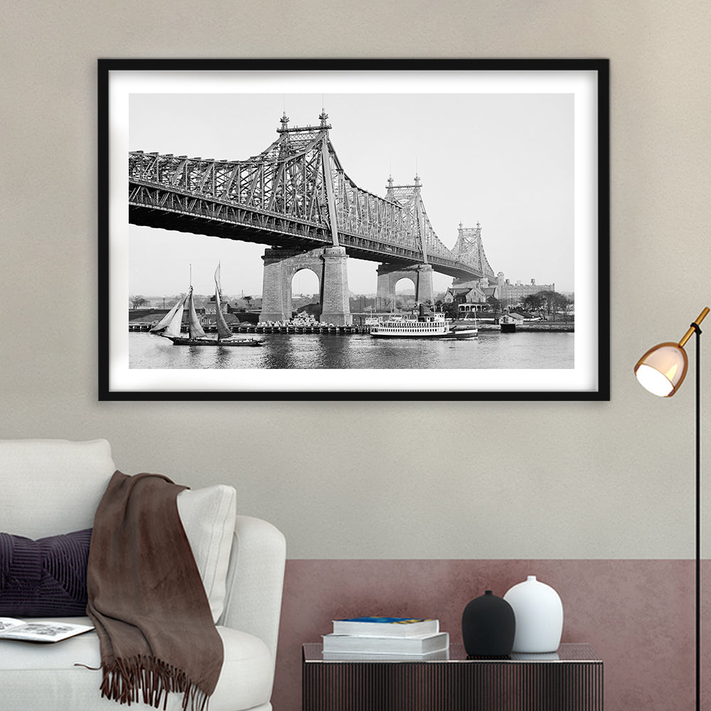 Queensboro Bridge New York City Architecture Print Black and White Art, Framed Art Print White Border Wall Decor