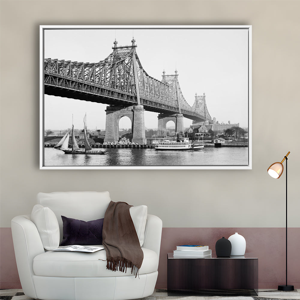 Queensboro Bridge New York City Architecture Print Black and White Art, Floating Framed Canvas Print