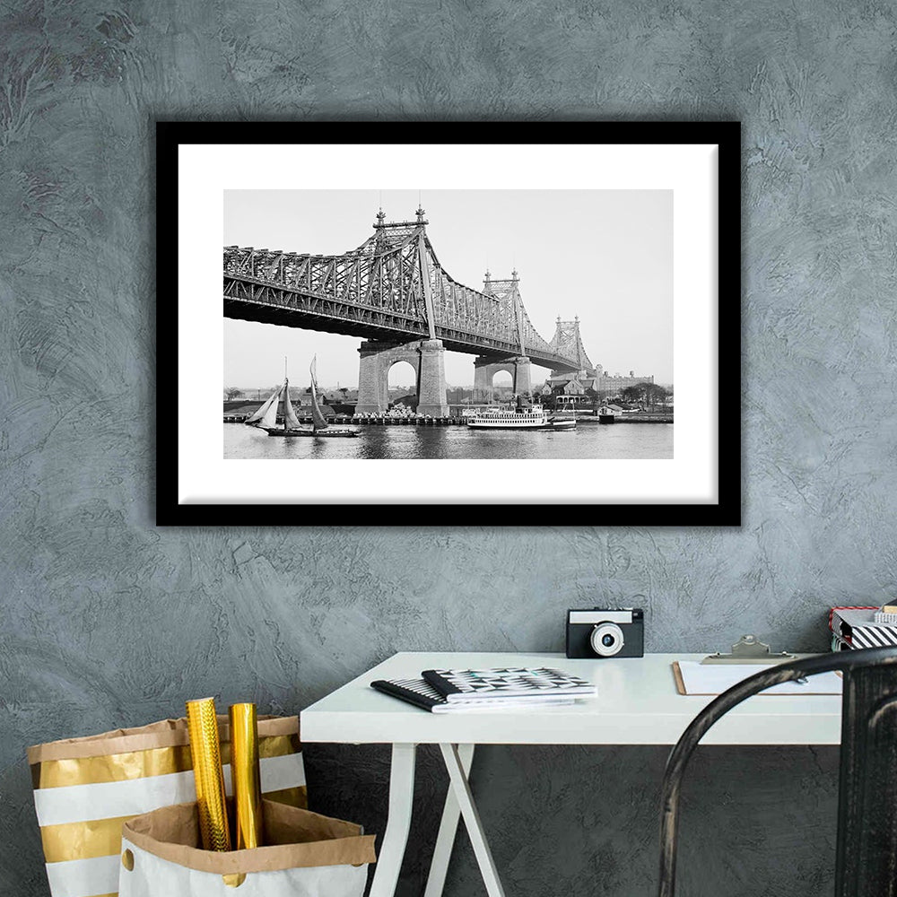 Queensboro Bridge New York City Architecture Print Black and White Art, Framed Art Print White Border Wall Decor