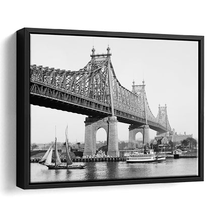 Queensboro Bridge New York City Architecture Print Black and White Art, Floating Framed Canvas Print