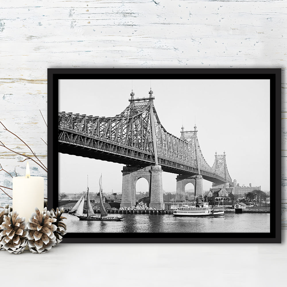 Queensboro Bridge New York City Architecture Print Black and White Art, Floating Framed Canvas Print