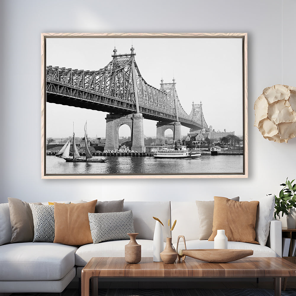 Queensboro Bridge New York City Architecture Print Black and White Art, Floating Framed Canvas Print