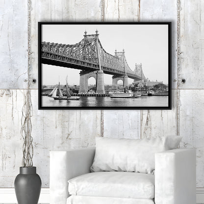 Queensboro Bridge New York City Architecture Print Black and White Art, Floating Framed Canvas Print