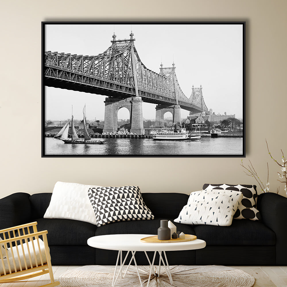 Queensboro Bridge New York City Architecture Print Black and White Art, Floating Framed Canvas Print