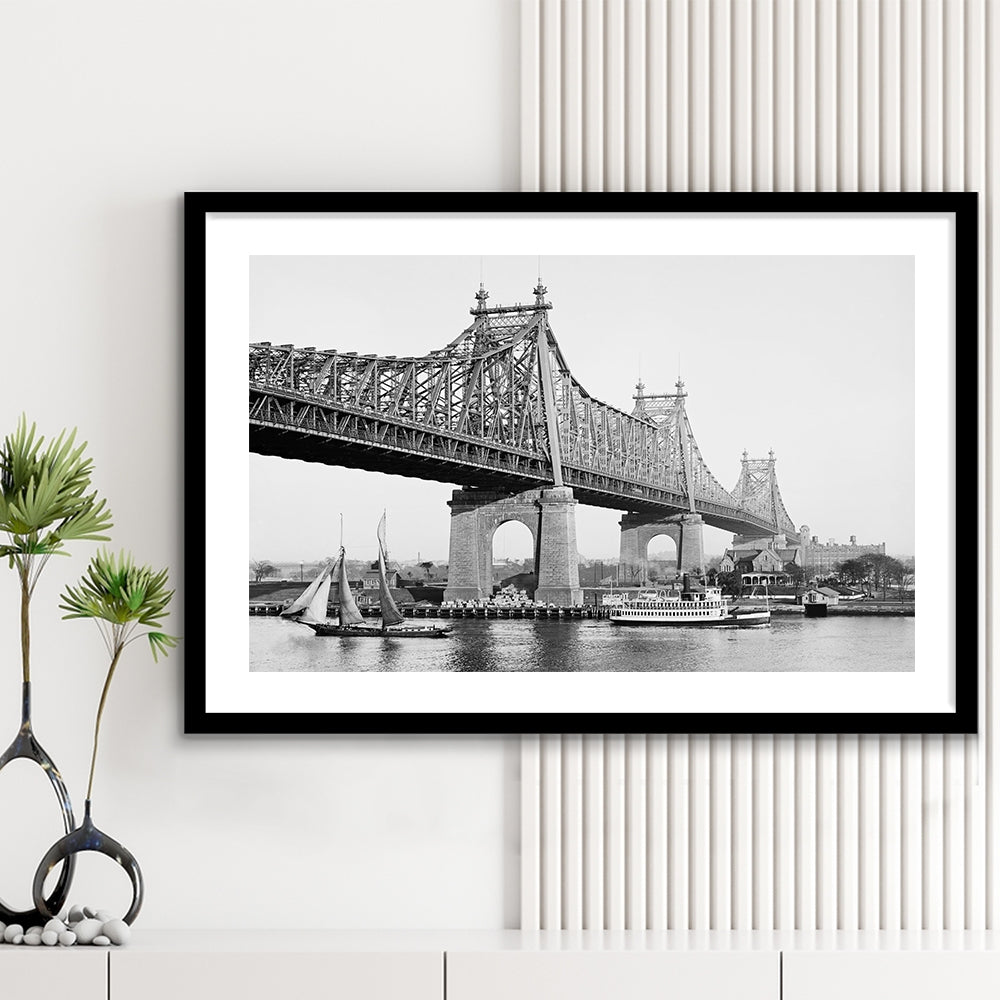 Queensboro Bridge New York City Architecture Print Black and White Art, Framed Art Print White Border Wall Decor
