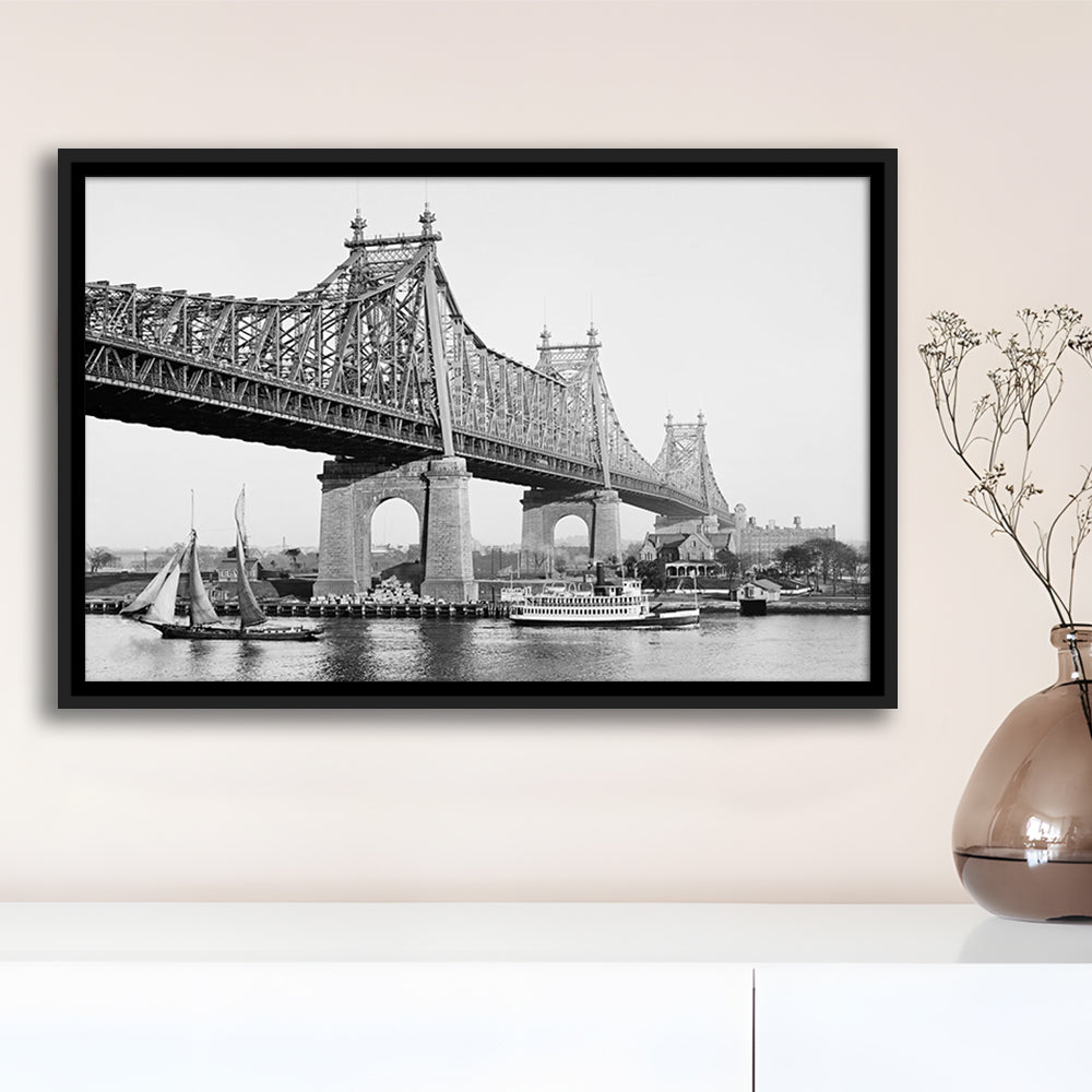 Queensboro Bridge New York City Architecture Print Black and White Art, Floating Framed Canvas Print