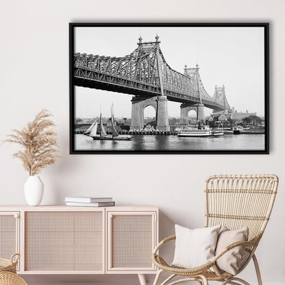 Queensboro Bridge New York City Architecture Print Black and White Art, Floating Framed Canvas Print