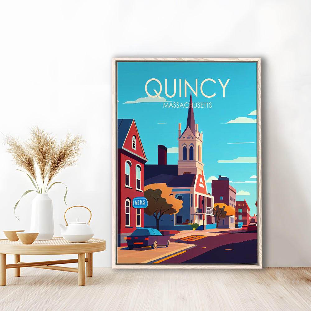 Quincy Massachusetts Retro Art Print, Quincy City Wall Art, Floating Framed Canvas Print, Framed Picture, Painting Canvas