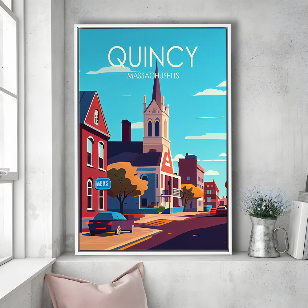 Quincy Massachusetts Retro Art Print, Quincy City Wall Art, Floating Framed Canvas Print, Framed Picture, Painting Canvas