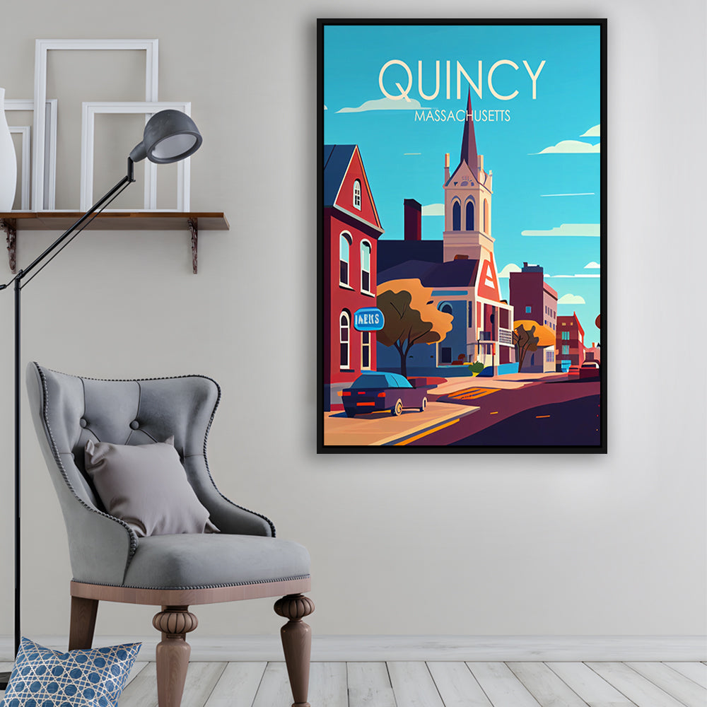 Quincy Massachusetts Retro Art Print, Quincy City Wall Art, Floating Framed Canvas Print, Framed Picture, Painting Canvas