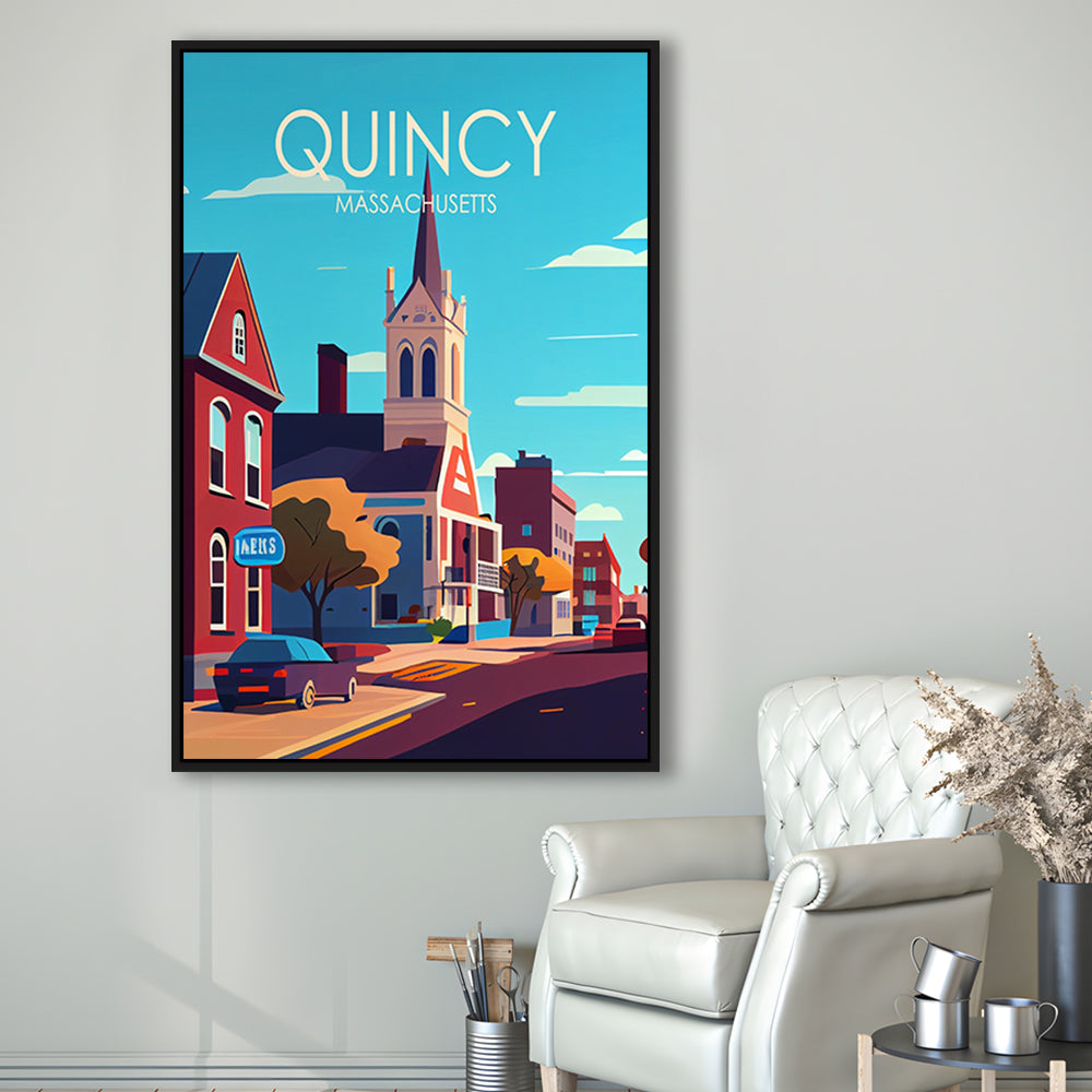Quincy Massachusetts Retro Art Print, Quincy City Wall Art, Floating Framed Canvas Print, Framed Picture, Painting Canvas