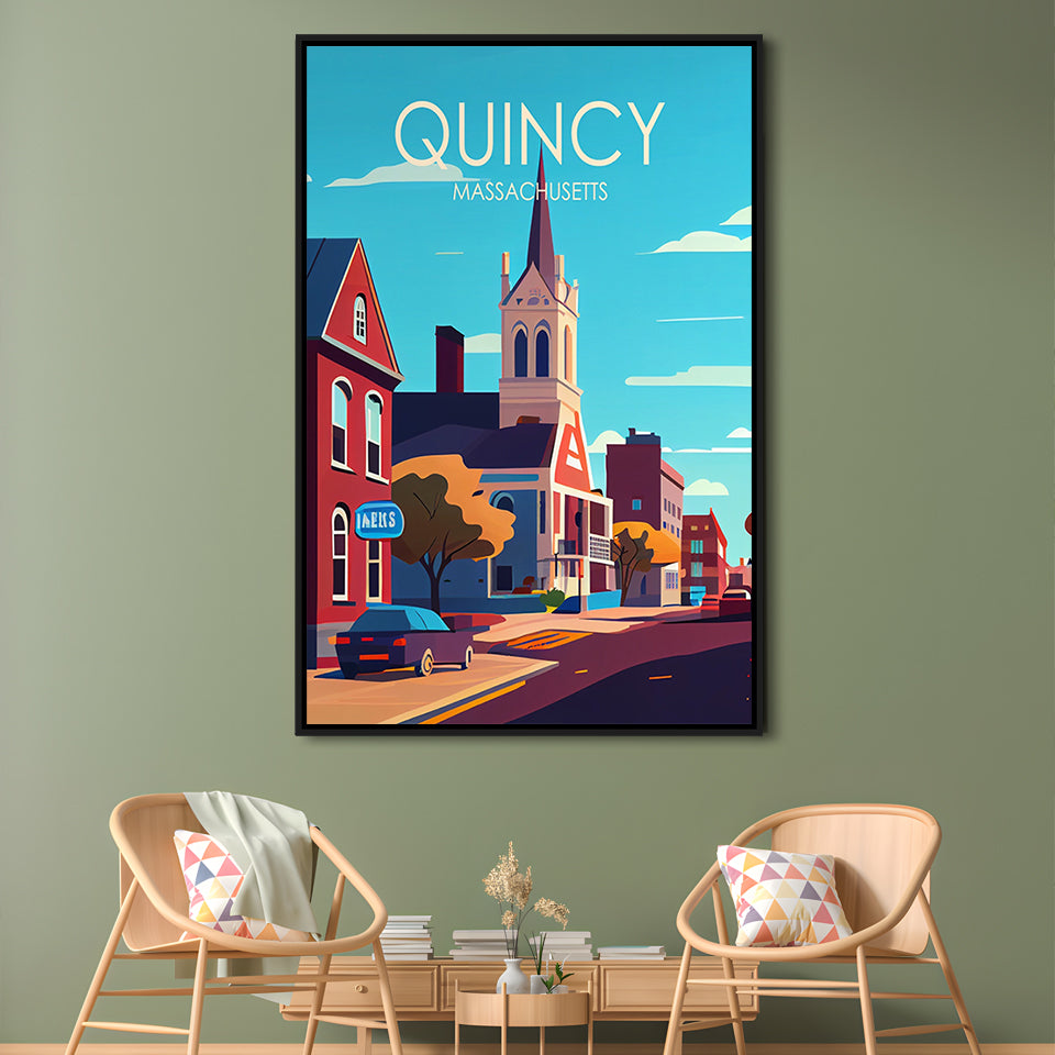 Quincy Massachusetts Retro Art Print, Quincy City Wall Art, Floating Framed Canvas Print, Framed Picture, Painting Canvas
