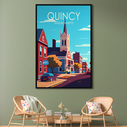 Quincy Massachusetts Retro Art Print, Quincy City Wall Art, Floating Framed Canvas Print, Framed Picture, Painting Canvas