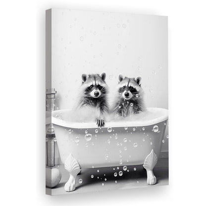 Raccoons Bubble Bath Art Black and White Clawfoot Tub Bathroom Decor Cute, Canvas Print Wall Art, Wall Decor, Painting Canvas