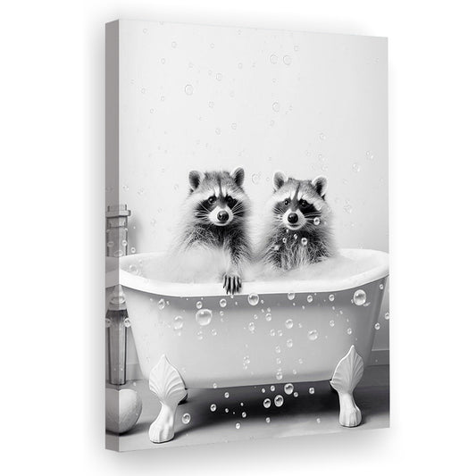 Raccoons Bubble Bath Art Black and White Clawfoot Tub Bathroom Decor Cute, Canvas Print Wall Art, Wall Decor, Painting Canvas