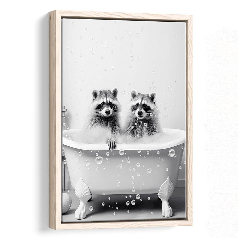 Raccoons Bubble Bath Art Black and White Clawfoot Tub Bathroom Decor Cute, Framed Canvas Print Wall Art, Floating Frame