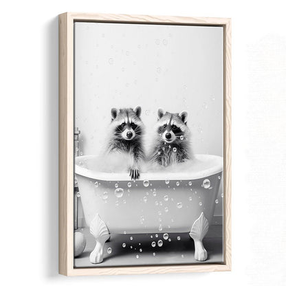 Raccoons Bubble Bath Art Black and White Clawfoot Tub Bathroom Decor Cute, Framed Canvas Print Wall Art, Floating Frame