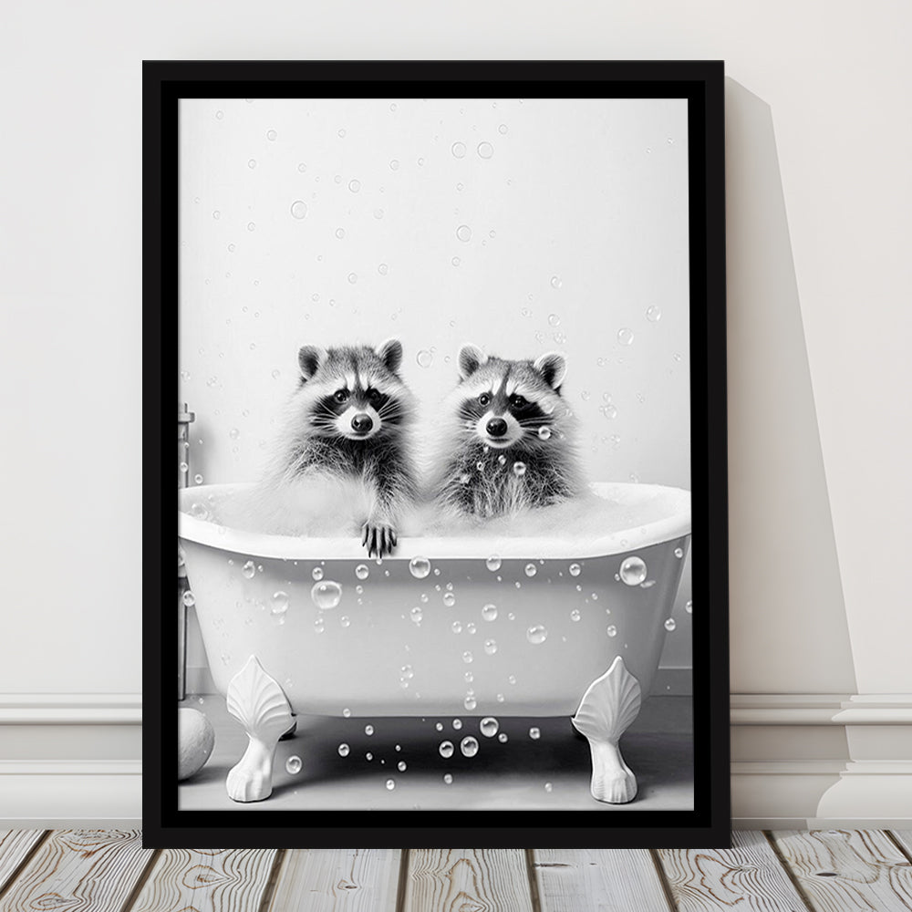 Raccoons Bubble Bath Art Black and White Clawfoot Tub Bathroom Decor Cute, Framed Canvas Print Wall Art, Floating Frame