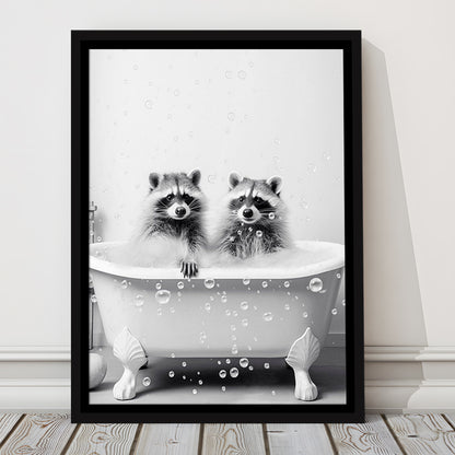 Raccoons Bubble Bath Art Black and White Clawfoot Tub Bathroom Decor Cute, Framed Canvas Print Wall Art, Floating Frame