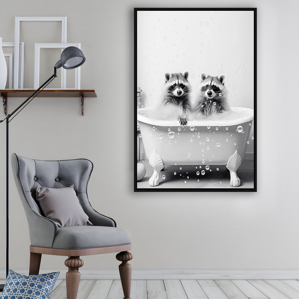 Raccoons Bubble Bath Art Black and White Clawfoot Tub Bathroom Decor Cute, Framed Canvas Print Wall Art, Floating Frame