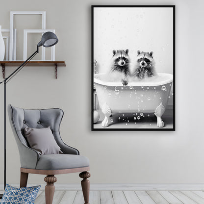 Raccoons Bubble Bath Art Black and White Clawfoot Tub Bathroom Decor Cute, Framed Canvas Print Wall Art, Floating Frame