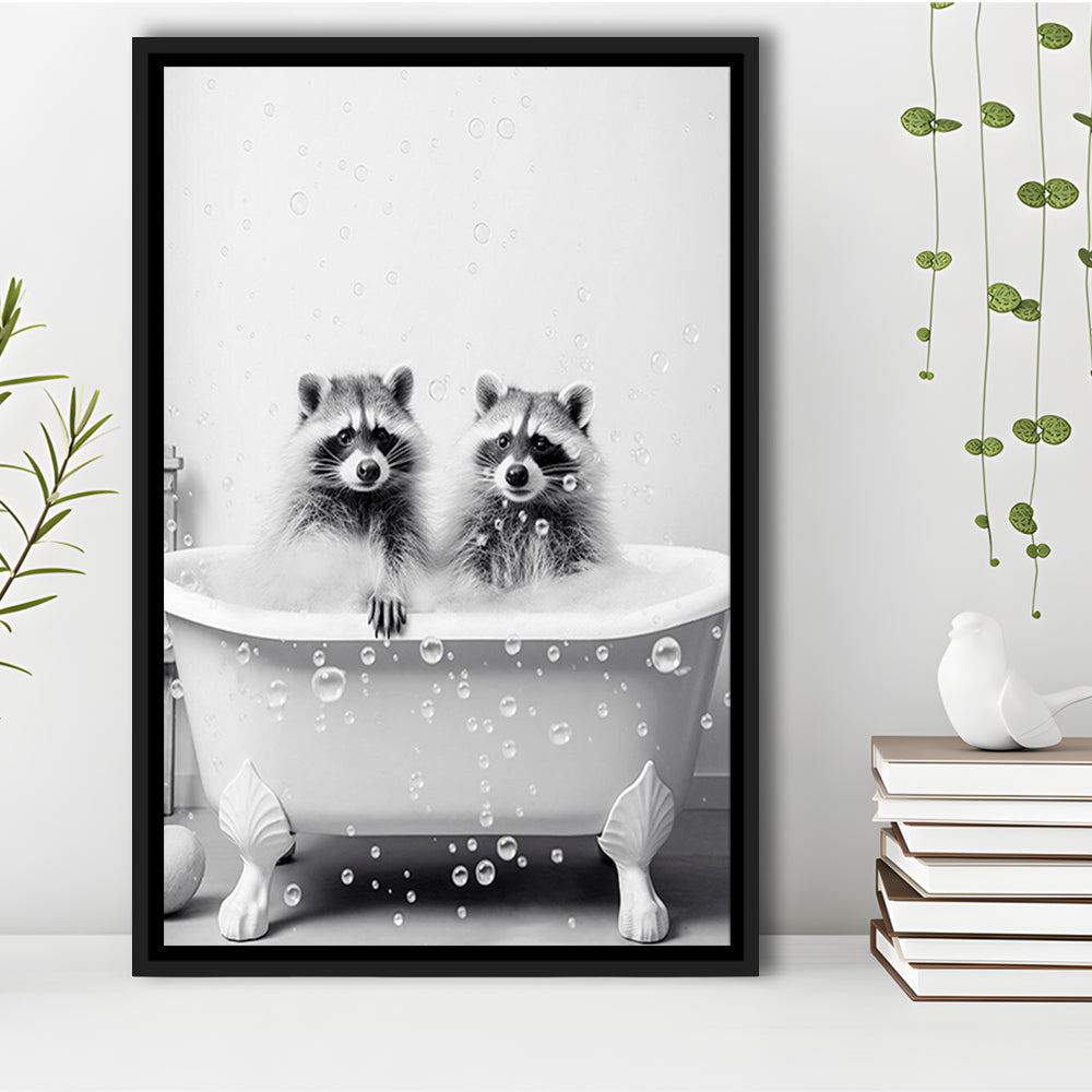 Raccoons Bubble Bath Art Black and White Clawfoot Tub Bathroom Decor Cute, Framed Canvas Print Wall Art, Floating Frame