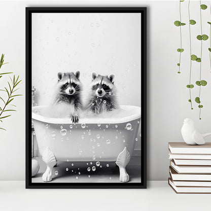Raccoons Bubble Bath Art Black and White Clawfoot Tub Bathroom Decor Cute, Framed Canvas Print Wall Art, Floating Frame