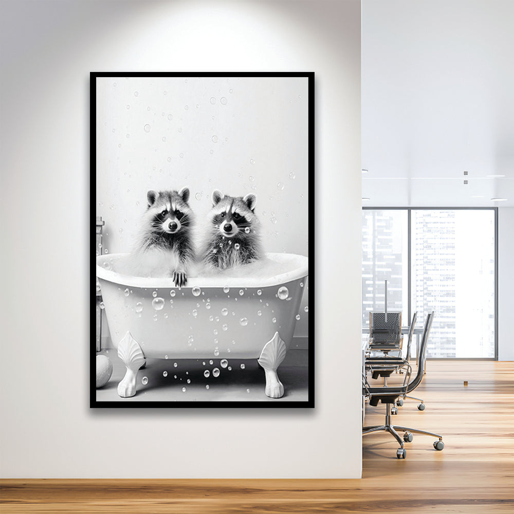 Raccoons Bubble Bath Art Black and White Clawfoot Tub Bathroom Decor Cute, Framed Art Print Wall Decor, Picture Framed