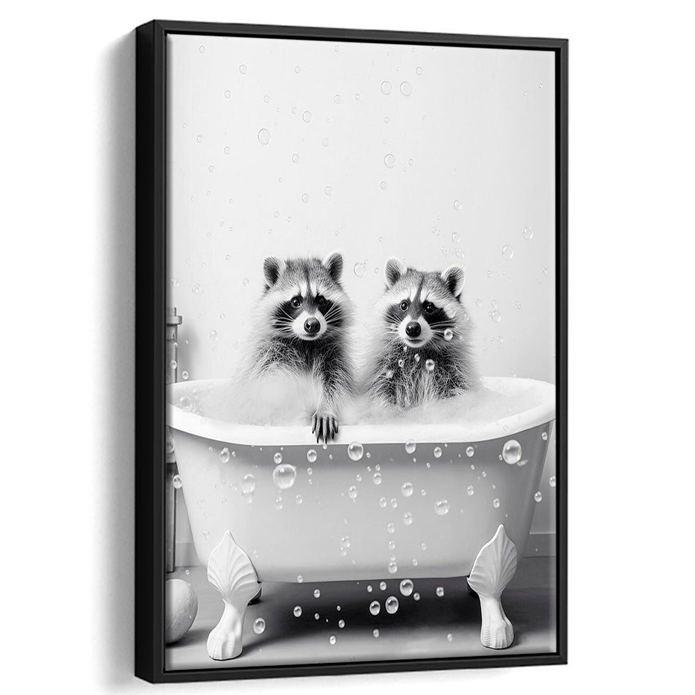 Raccoons Bubble Bath Art Black and White Clawfoot Tub Bathroom Decor Cute, Framed Canvas Print Wall Art, Floating Frame