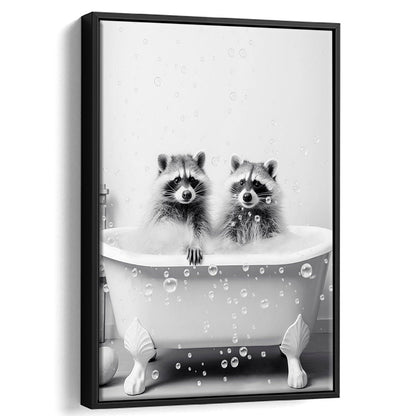 Raccoons Bubble Bath Art Black and White Clawfoot Tub Bathroom Decor Cute, Framed Canvas Print Wall Art, Floating Frame